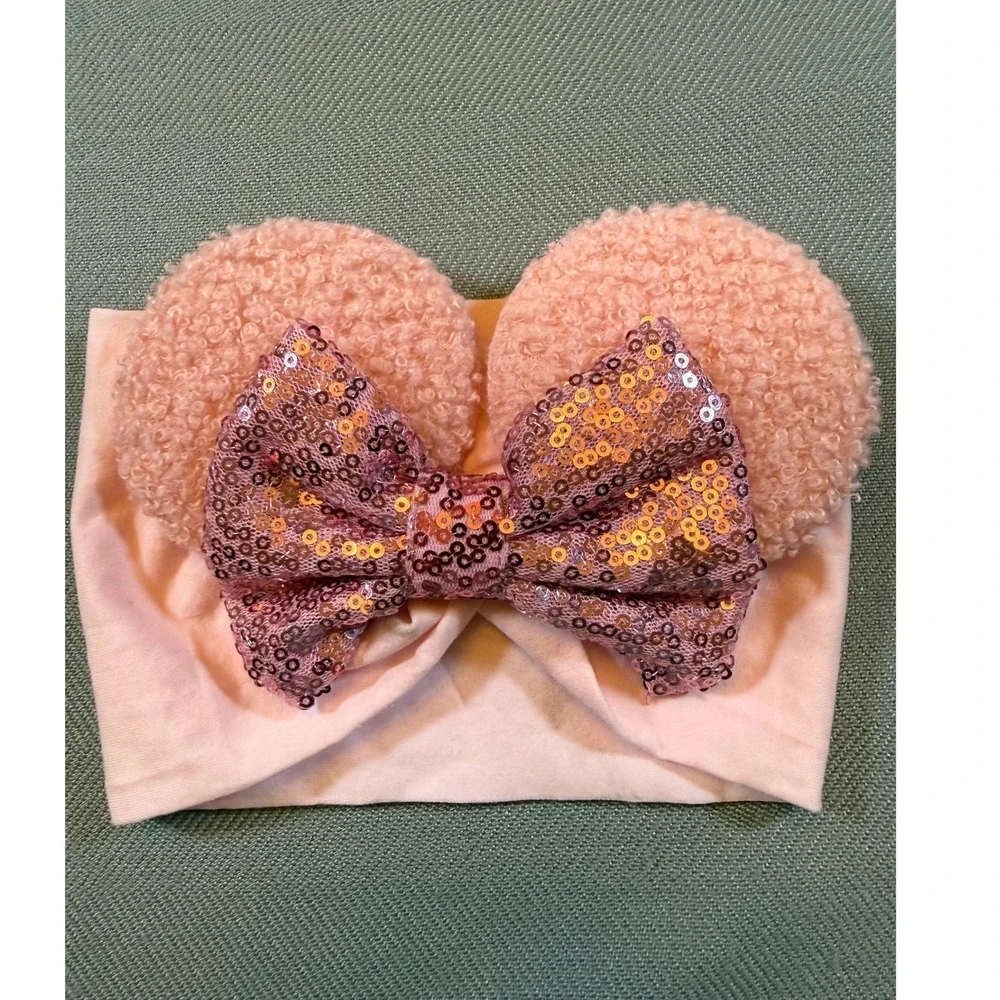 Pink Mouse Ears Sequin Bow Baby Headband Sherpa Ears Disney Style Accessory